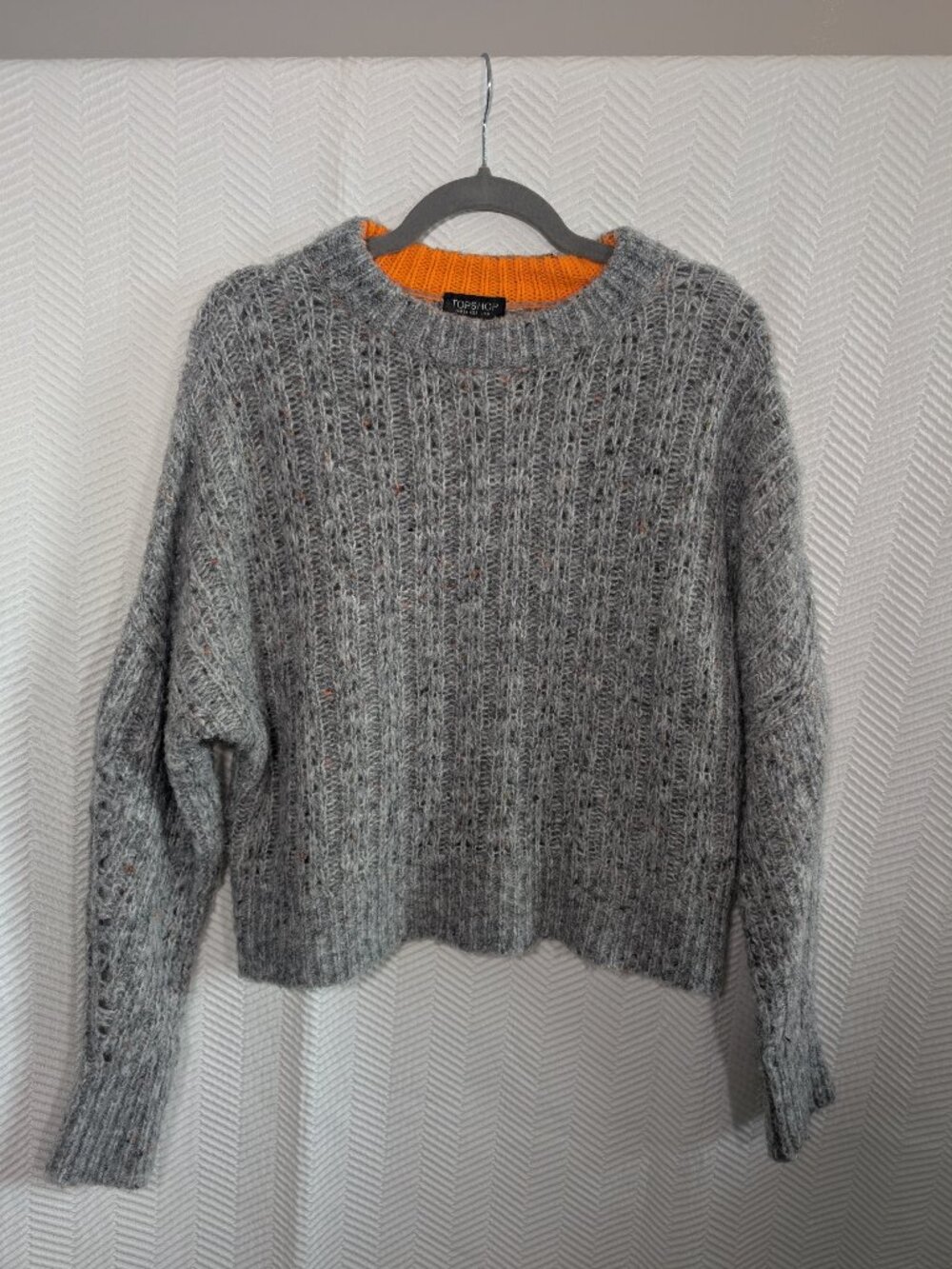 Topshop Oversized Gray Chunky Knit Sweater Orange Contrast Neck Speckled Size 2